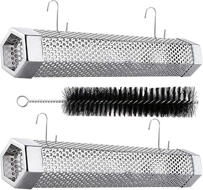 Smoker Tube - 2 Pack 12 inches Stainless Steel BBQ Wood Pellet Tube Smoker for Grills or Smokers, 2x Smoke Tubes with 4 S Shape Hooks and 1 Cleaning Brush