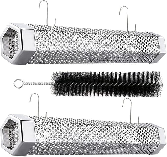 Smoker Tube - 2 Pack 12 inches Stainless Steel BBQ Wood Pellet Tube Smoker for Grills or Smokers, 2x Smoke Tubes with 4 S Shape Hooks and 1 Cleaning Brush
