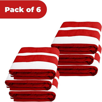 Superior Cabana Cotton Lounge Chair Cover, Outdoor Towel/Chaise Furniture Covers, Terry Cloth, Beach, Spa, Swim Accessories, Pool Chair Cover, Soft, Quick Drying, 32" x 102", Set of 6, Red