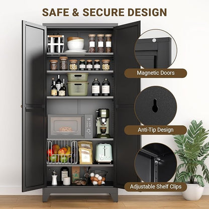 75" Tall Metal Kitchen Pantry Cabinet, Freestanding Steel Storage Cabinet with Doors, 5 Adjustable Shelves, for Dining Room, Black