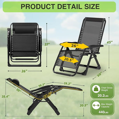 Suteck Zero Gravity Chairs Set of 2, Reclining Camping Chair with Cushion | Anti Gravity Recliner Lounge Chair with Aluminum Alloy Lock & Cup Holder, 90-170° Adjustable, for Lawn Patio Indoor