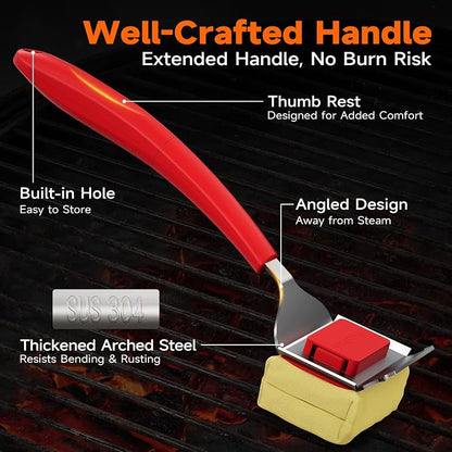 Bristle-Free Grill Brush with Heat-Resistant Kevlar Fiber Head, Red | Steam Cleaning, Replaceable No-Wire Head, 17" Handle, 4-in-1 Scraper, for Porcelain/Ceramic/Stainless Steel/Cast Iron Grate
