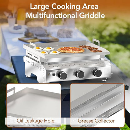 Electactic 3 Burner Tabletop Propane Gas Griddle,18 Inch Stainless Steel Detachable Propane Grill,24000 BTU Portable BBQ Griddle for Camping, Backyard or Outdoor Cooking