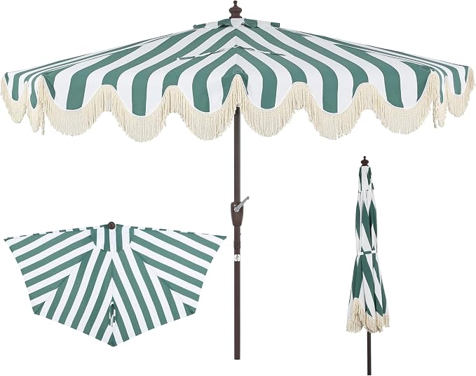 JONATHAN Y Beverly 9 ft. Striped Half Umbrella, Green/Dark Brown | Coastal Scalloped Fringe, Crank Lift, 30 Degree Manual Tilt, UV 50 Polyester Canopy, Aluminum Frame, Space Saving Design
