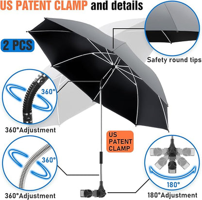 2 PACK Beach Umbrella with Clamp, 360 ° Adjustable Umbrellas for Chair, UPF50+ Umbrella for Beach Chair, Patio Chair, Wheelchair, Camping Chair, Golf Carts (Chair Not Included)