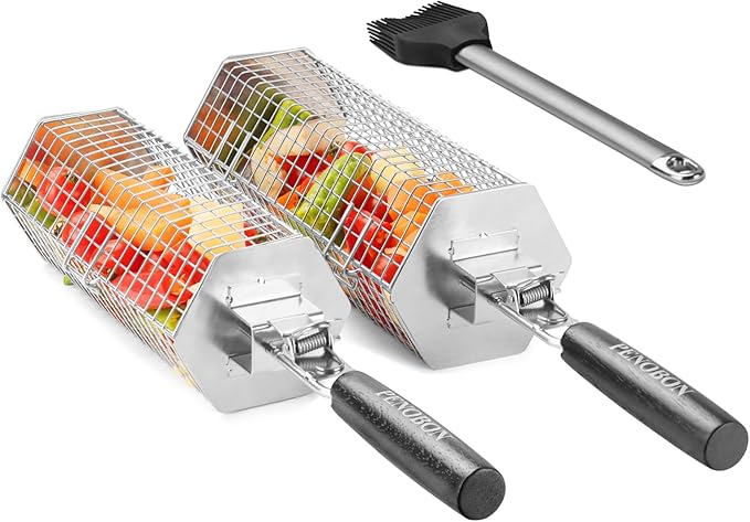 Hexagonal Rolling Grilling Basket Set, 2 PCS Stainless Steel BBQ Grill Baskets with Removable Wooden Handles, Large & Small Nestable Design for Outdoor Camping, Ideal for Vegetables, Meat & Seafood on Gas/Charcoal Grill