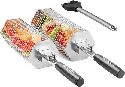 Hexagonal Rolling Grilling Basket Set, 2 PCS Stainless Steel BBQ Grill Baskets with Removable Wooden Handles, Large & Small Nestable Design for Outdoor Camping, Ideal for Vegetables, Meat & Seafood on Gas/Charcoal Grill