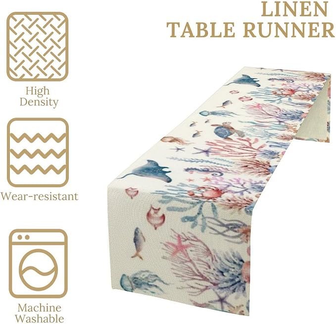 Nautical Coastal Table Runners Ocean Beach Coral Table Runners Starfish Blue Teal Seafood Drawing, Dining Room Kitchen Rectangular Runner, 13" X 108"