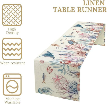 Nautical Coastal Table Runners Ocean Beach Coral Table Runners Starfish Blue Teal Seafood Drawing, Dining Room Kitchen Rectangular Runner, 13" X 90"
