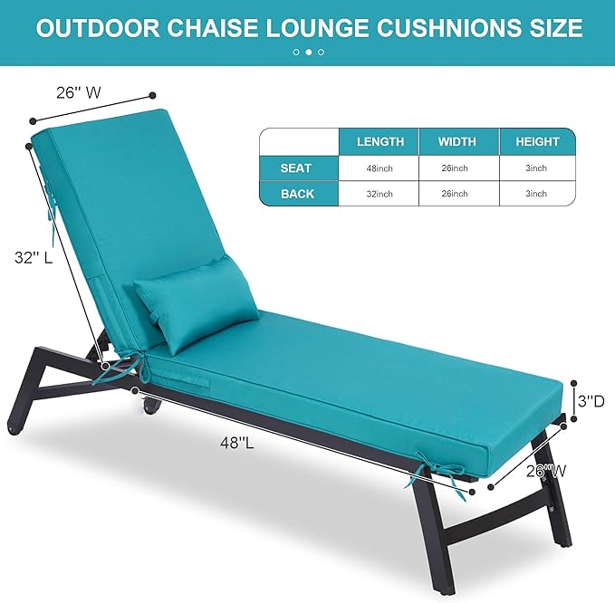80" L x 26" W Chaise Lounge Cushions Outdoor Lounge Chair Cushion with Headrest Straps 3'' Thick Waterproof Patio Chaise Cushions Pool Lounge Chair Cushions(Turquoise)