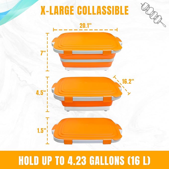 BBQ Prep Tub with Lid and Cutting Board - Collapsible Barbecue Tool Set for Marinating, Grilling, BBQ Prep Station for Outdoor Cooking, Camping Kitchen Accessories & Barbecue Utensils, X-Large Orange