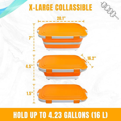 BBQ Prep Tub with Lid and Cutting Board - Collapsible Barbecue Tool Set for Marinating, Grilling, BBQ Prep Station for Outdoor Cooking, Camping Kitchen Accessories & Barbecue Utensils, X-Large Orange