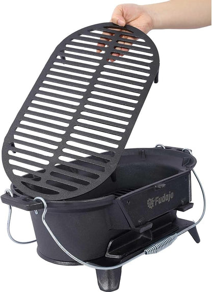 Oval Cast Iron Portable Charcoal Grill, Enameled Tabletop Hibachi Grill & Camping Stove – 100% Heavy-Duty Cast Iron Outdoor BBQ Grill for Camping, Tailgating, and Backyard Cooking, Black