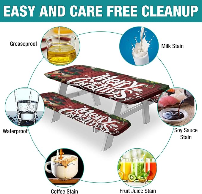 Christmas Picnic Table Cover with Bench Covers, Red Xmas Tree and Snowman Print Elastic Edged Table Cover, 72x28 Inch, Polyester Table Covers for Camping Patio & Picnic Use, Cream, 3 Pieces Set