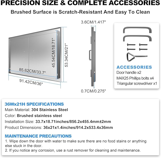Outdoor Kitchen Door 36" W x 21" H-304 Stainless Steel Never Rust Cabinet Door-Double Layer-BBQ Access Doors-Weatherproof GrillDoor-Flush Mount BBQ Island Doors-MetalDoor for Outdoor Indoor Kitchen