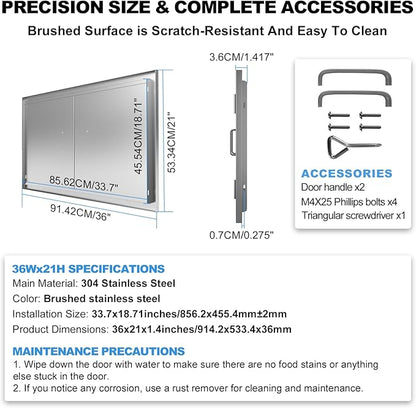 Outdoor Kitchen Door 36" W x 21" H-304 Stainless Steel Never Rust Cabinet Door-Double Layer-BBQ Access Doors-Weatherproof GrillDoor-Flush Mount BBQ Island Doors-MetalDoor for Outdoor Indoor Kitchen