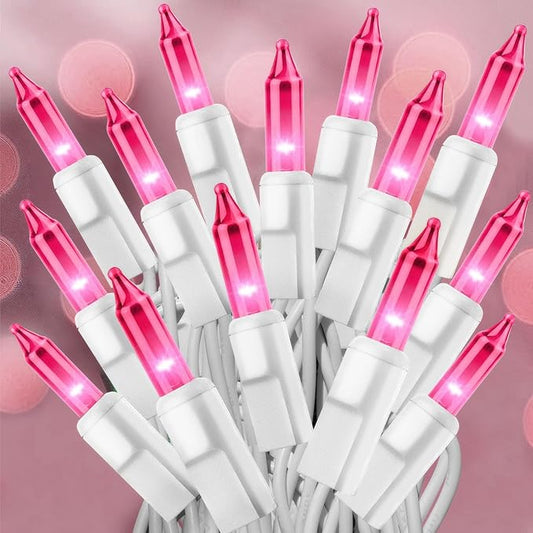Pink Christmas Lights 25FT 100 Incandescent Bulbs, Pink Mini Lights with White Wire for Valentine's Day, Wedding, Garland, Thanksgiving, Party, Home, Indoor & Outdoor Festival Xmas Decoration