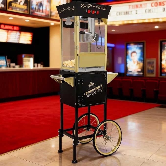 12 Oz Popcorn Machine with Cart, Vintage Movie Theater Style Professional Cart with 4 Cups & 1 Scoop, Pop Corn Popper for Home Theater, Parties, Events, Black