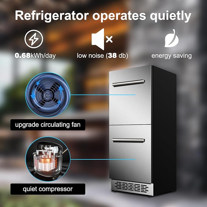 15 Inch Double Drawer Refrigerator,Under Counter Beverage Fridge for Indoor Outdoor Kitchen,3.39 Cu.Ft. Waterproof Silver&Black Stainless Steel Refrigerator