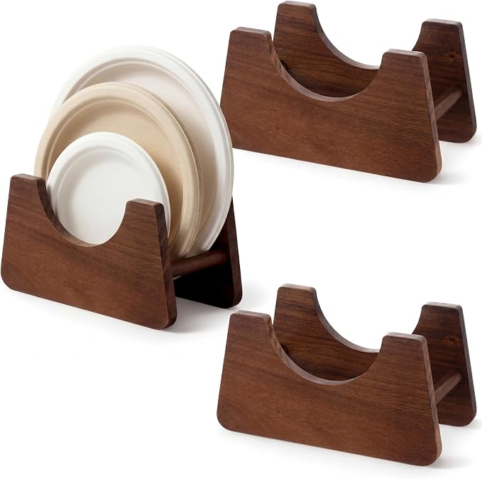 LemonRoad 3 Pack Acacia Wood Paper Plate Holder, Plate Dispenser for 7-12 Inch Plates, Space Saving Kitchen & Rv Organizer for Countertop, Pantry, Buffet, Outdoor Party & Camping Storage Rack