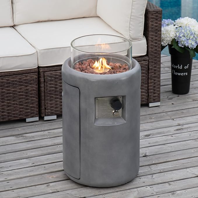 COSIEST Outdoor Propane Fire Pit Table w Compact Ledgestone 16-inch Round Graphite Base and Glass Wind Guard, Certified, 40,000 BTU, Free Lava Rocks, Touch-up Pen, Fits 20lb (Grey)