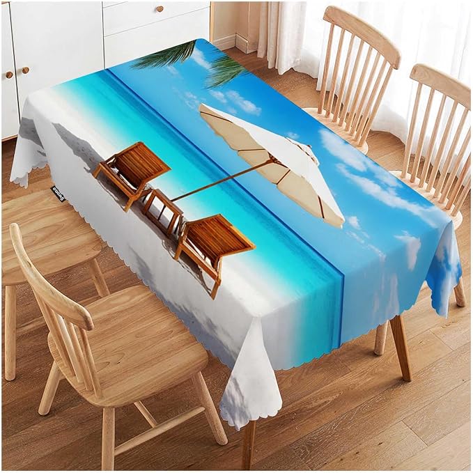Swono Beach Chairs Rectangle Tablecloth Turquoise Sea Sand Beach Chair Palms Table Cloth Dining Table Cover for Home Kitchen Restaurant Party Buffet Picnic, 52x70 Inch