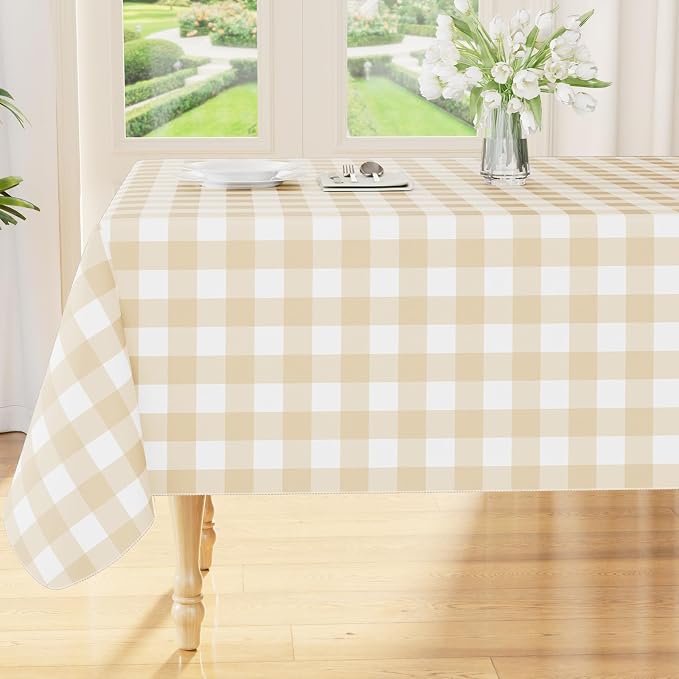 Smiry Picnic Table Cloth, Vinyl Tablecloths with Flannel Backing, 70"x70" | Waterproof Square Table Cloth, Wipeable Buffalo Plaid Table Cover for Indoor and Outdoor (White & Beige)