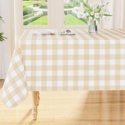 Smiry Picnic Table Cloth, Vinyl Tablecloths with Flannel Backing, 54"x54" | Waterproof Square Table Cloth, Wipeable Buffalo Plaid Table Cover for Indoor and Outdoor (White & Beige)
