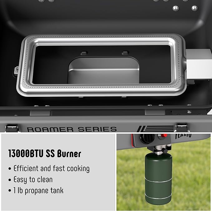 FEASTO Portable Propane Gas Grill with Folding Cart & 13000 BTUs Burner, 360 Sq. In. Cast Iron Cooking Grates, Side Table, 8" Wheels, Stainless Grease Tray for Outdoor BBQ, Camping & Tailgating, Grey