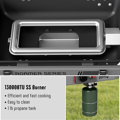 FEASTO Portable Propane Gas Grill with Folding Cart & 13000 BTUs Burner, 360 Sq. In. Cast Iron Cooking Grates, Side Table, 8" Wheels, Stainless Grease Tray for Outdoor BBQ, Camping & Tailgating, Grey