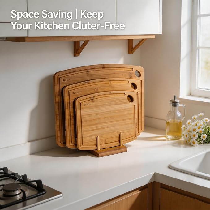 3-Piece Carbonized Bamboo Cutting Board Set with Wood Storage Stand, 15.4" Large Wooden Chopping Boards for Kitchen, Non Toxic Pre-Oiled Charcuterie Serving Tray, Kitchen Gifts