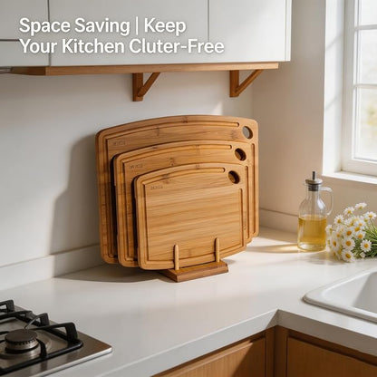 3-Piece Carbonized Bamboo Cutting Board Set with Wood Storage Stand, 15.4" Large Wooden Chopping Boards for Kitchen, Non Toxic Pre-Oiled Charcuterie Serving Tray, Kitchen Gifts