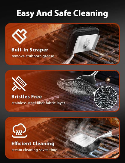 Bristle-Free Grill Brush for Outdoor Grill, Steam Cleaning Grill Brush Bristle Free with 1 Replaceable Brush Heads, Steel Fibers Pad for Cast Iron/Stainless-Steel Grates