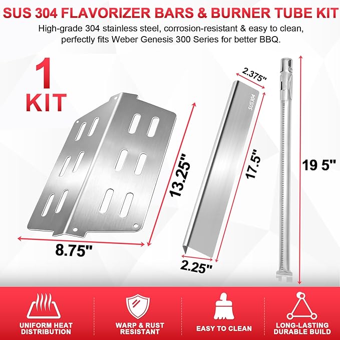 Genesis 300 310 Series Grill Parts Kit for Weber Genesis E310 E330 S310 E320 S330 EP310 S310 S320 EP330 Parts, SUS 304 Stainless Steel Flavorizer Bars Heat Deflector Burner Tube Kit, 7620 7622 62752