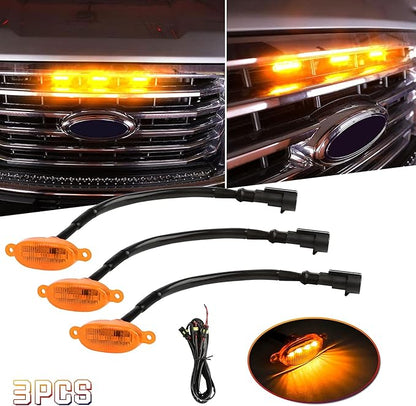 x xotic tech 3pcs Amber Lens Front Grille Marker LED Light Lamps w/Harness Wiring OE Fit Compatible with Ford F-150 F150 Raptor 2010-2014 & 2017-up(Amber 12-SMD)