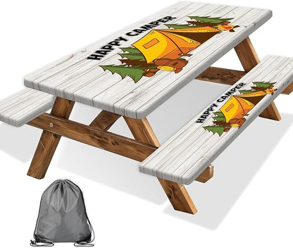 JAWO Happy Camper Picnic Table Cover Set with Bench Covers Camping Theme Tablecloth 8FT Fitted Picnic Table Cover with Elastic Windproof and Waterproof Fabric, Camping Accessories Patio & Outdoor