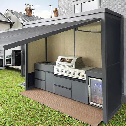 Outdoor Kitchen Set for Catering & Hospitality, Fully Equipped with BBQ Grill, Fridge, Side Burner, Sink, Locking Drawers, Large Prep Space– Prefab Modular Kit for Backyard, Balcony, Rooftop