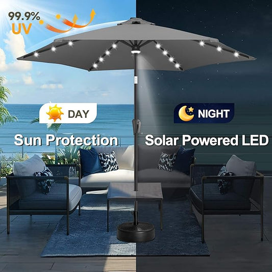 FLAME&SHADE 10ft Solar Outdoor Umbrella - 24 LED Lighted Patio Umbrella with Centre Surround Light, Table Umbrellas with Tilt & Crank for Pool, Porch, Garden, Deck, Backyard UV Protection (Anthracite)