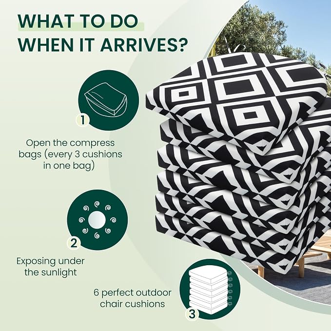 HARBOREST Outdoor Chair Cushions Set of 6, Water Resistant Patio Chair Cushions with Ties, Outdoor Seat Cushions for Patio Furniture, 17"x16"x2", Black/White Diamond