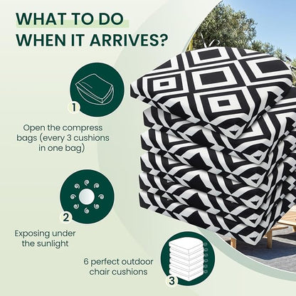 HARBOREST Outdoor Chair Cushions Set of 6, Water Resistant Patio Chair Cushions with Ties, Outdoor Seat Cushions for Patio Furniture, 17"x16"x2", Black/White Diamond