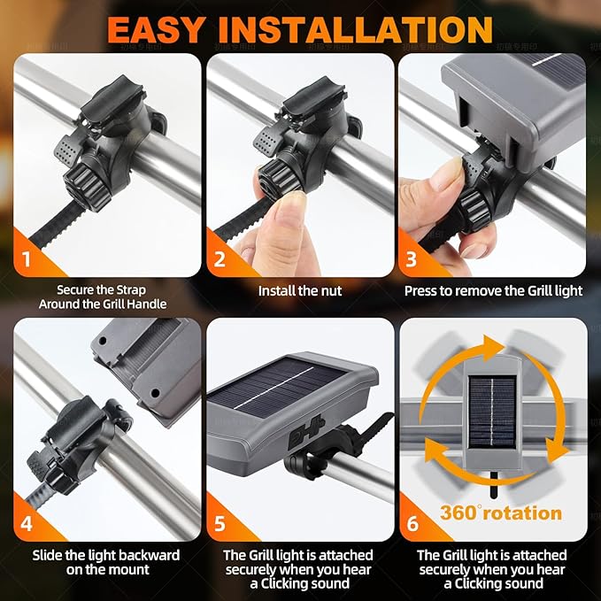 Grill Lights for Outdoor Grill with USB-C & Solor Rechargeable Battery,2-Level Brightness and 360° Rotatable Head, LED Grill Light for Griddle Accessories, LED Grilling Gifts or Camping Light