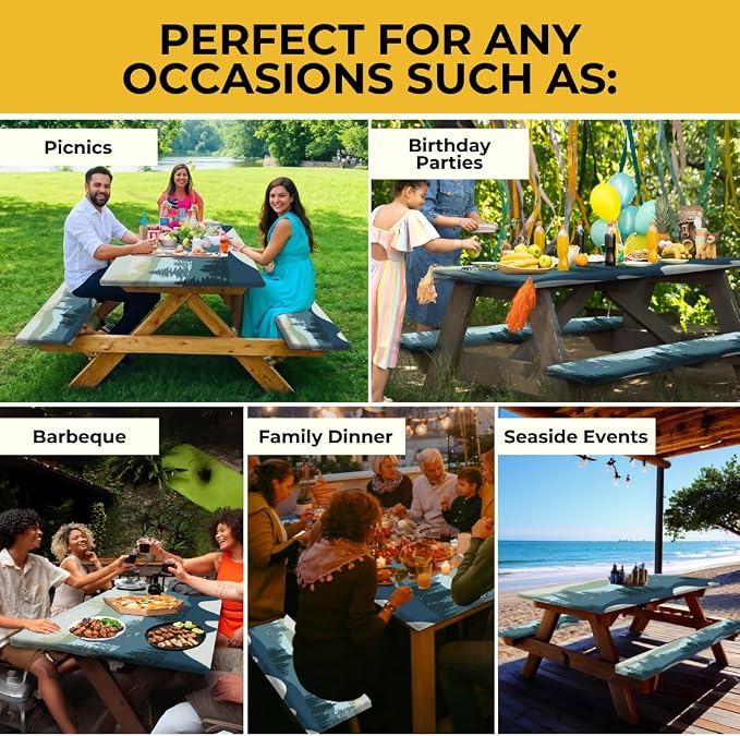 6ft Polyester Picnic Table Cover with Bench Covers Tablecloth Mountain View | Polyester Picnic Table Cover Windproof & Waterproof, Perfect for Camping Gifts & RV Essentials, Cool Camping Gadgets with bag