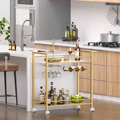 Joaxswe Bar Cart w/Wheels,2 Tier Home Bar Serving Cart,Flowing Gold | Rolling Beverage Cart w/ Wine Rack and Glass Holder,Modern Wine Cart w/ Storage Shelves for Kitchen, Living Room,Dinning Room