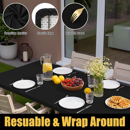 Smiry Rectangle Picnic Table Cloth, Waterproof Elastic Fitted Tablecloths for 8 Foot Tables, Washable Polyester Table Cover for Camping, Indoor and Outdoor (Black, 24"x96")