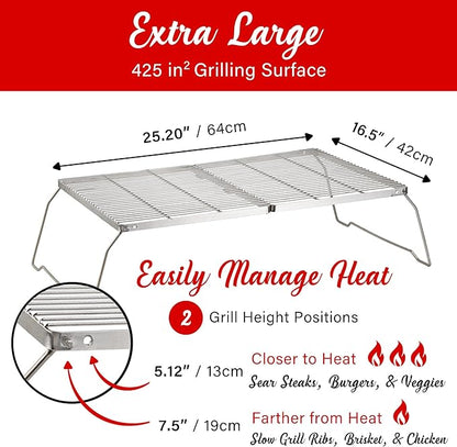 Brentwood BB-17X25SS 25” x 17” Heavy Duty Stainless Steel Portable Folding Campfire Grill with Carry Bag
