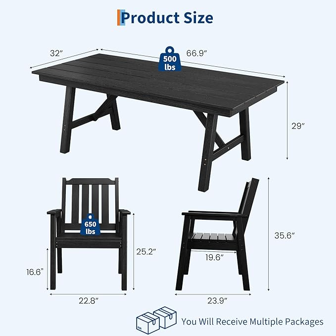 Garvee Outdoor Patio Dining Table Set for 6, 7 Piece Outdoor HDPE Dining Furniture Set with Umbrella Hole, Aluminum Frame, All-Weather Garden Table and 6 Chairs for Backyard Poolside, Black