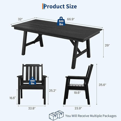 GarveeLife 7-Piece Outdoor Dining Set for Patio 6 People, HDPE All Weather Furniture Table Set with Large Table Umbrella Hole, Modern Outdoor Dining Chairs Armrest for Backyard Garden Deck (Black)