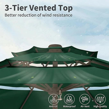 10FT Patio Umbrella 3 Tiers Outdoor Market Umbrella w/Push Button Tilt, Crank, UV and Waterproof Table Umbrella for Garden, Pool, Backyard, Deck, Lawn, Forest Green
