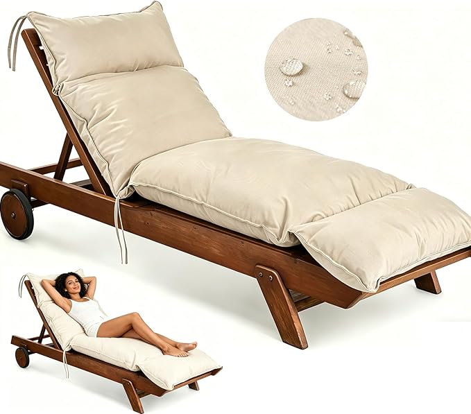 Outdoor Chaise Lounge Chair Cushion, Waterproof Non-Slip Patio Chaise Lounge Cushions for Outdoor Furniture, 72 x 21 x 5 Inches, Beige