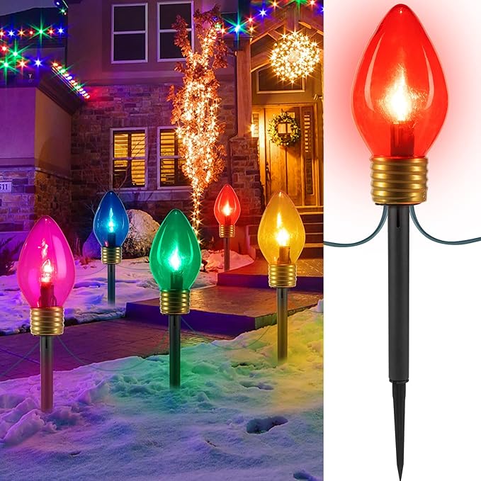 Brightown Jumbo C9 Christmas Lights Outdoor Decorations Lawn with Pathway Marker Stakes, 8 Feet LED Lights Covered Jumbo Multicolored Light Bulb for Holiday Outside Yard Garden Decor, 5 Lights
